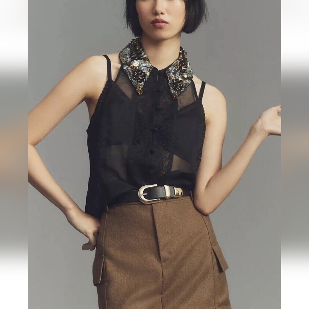 ♠️ Anthropologie Maeve Embellished Collar Sheer Tank Black Lace